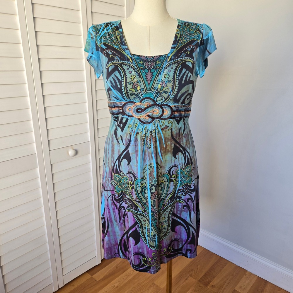 Style & Co Abstract Paisley Blue Purple Empire Waist Dress M Boho Festival Y2K